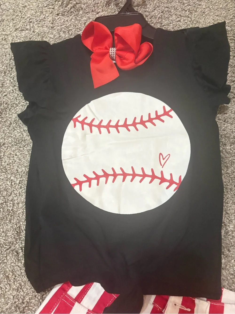 Girls Black Baseball Graphic Tee & Red Stripe Shorts Matching Set